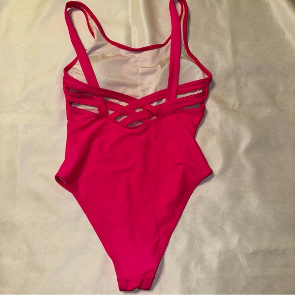 SHEIN One-Piece Swimsuit hot pink size small crisscross back - Picture 2 of 6